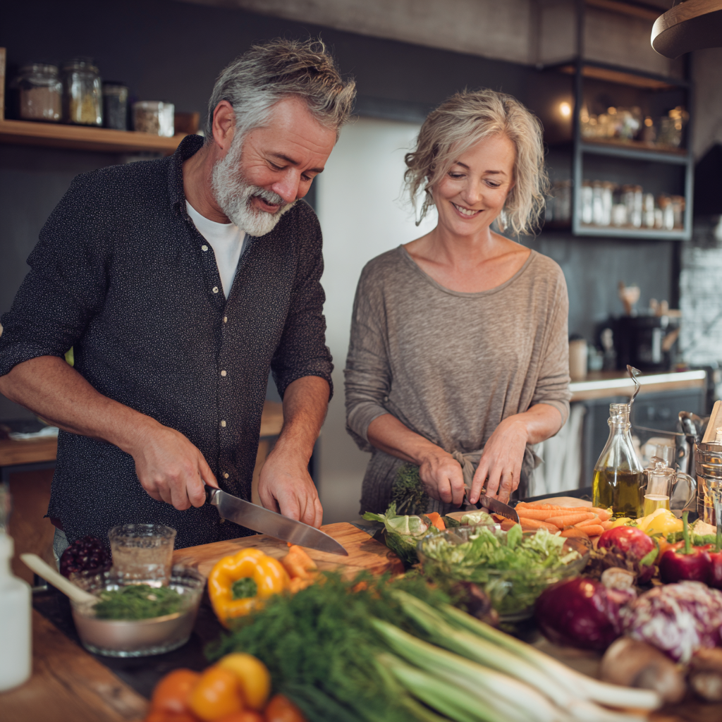 Middle-aged adults preparing balanced healthy meal in modern kitchen
