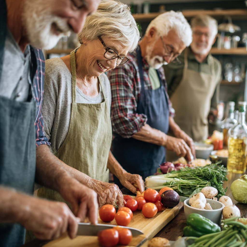 Older adults organizing weekly meal preparation with fresh vegetables and grains